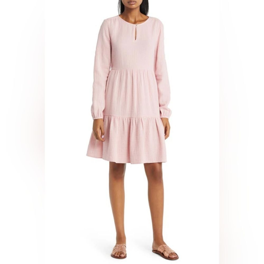 BeachLunchLounge Cate Dusty Rose Long Sleeve Tiered Gauzy Cotton Flowy Dress XL